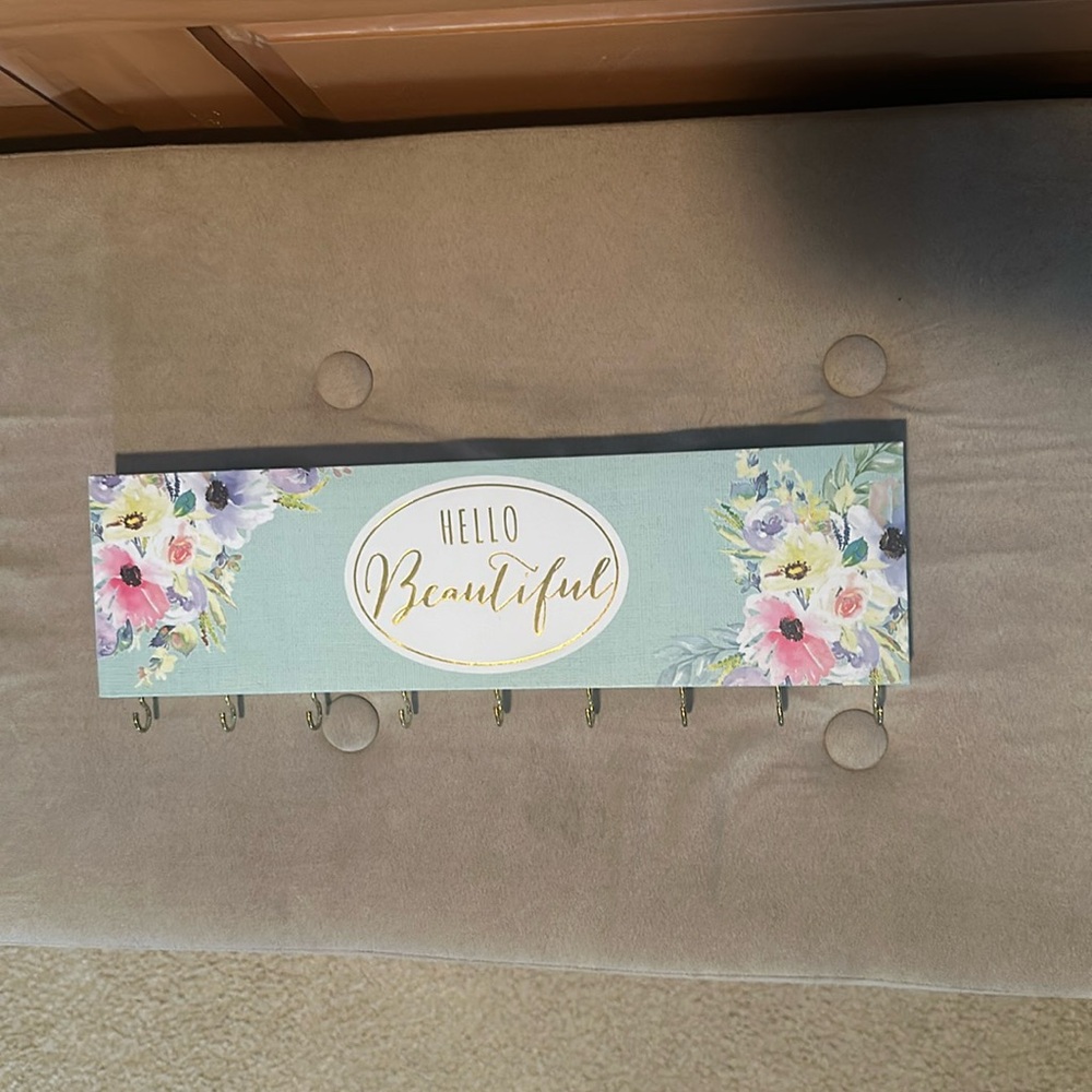 “Hello Beautiful” jewelry hooks 12 1/2 in wide by 4 in.